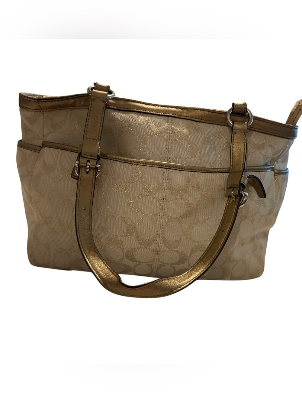 Coach F17724 Gallery Lurex Metallic Gold Khaki Tote Shoulder Bag - Picture 6 of 15